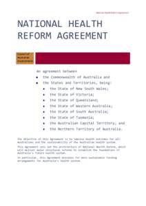 National Health Reform Agreement  NATIONAL HEALTH REFORM AGREEMENT Council of Australian