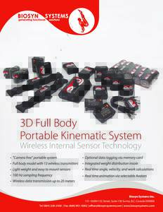 3D Full Body Portable Kinematic System Wireless Internal Sensor Technology Biosyn Systems IncStreet, Suite 158 Surrey, B.C. Canada V3R8X8