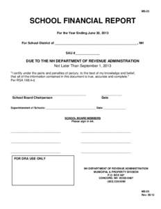 MS-25  SCHOOL FINANCIAL REPORT For the Year Ending June 30, 2013 For School District of _______________________________________________, NH SAU #______________