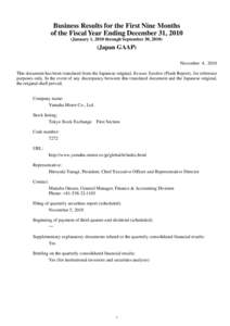 Business Results for the First Nine Months of the Fiscal Year Ending December 31, 2010 (January 1, 2010 through September 30, [removed]Japan GAAP) November 4, 2010