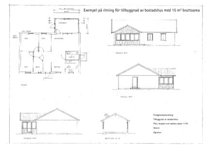 Exempel på ritning för tillbyggnad av bostadshus med 15 m2 bruttoarea  Fastighetsbeteckning: Tillbyggnad av bostadshus Plan, fasader och sektion skala 1:100 Datum: