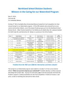 Northland School Division Students Winners in the Caring for our Watershed Program May 15, 2014. Camrose AB. For Immediate Release. On May 3rd 2014, the Battle River Watershed Alliance hosted the Final Competition for th