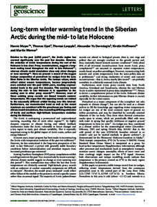 Long-term winter warming trend in the Siberian Arctic during the mid- to late Holocene