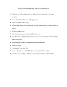 PRIORITIZED BENTON FRANKLIN RTPO 2014 HSTP NEEDS  Additional bus shelters: Lighting for bus shelters/Trees for bus shelters, Passenger amenities  Increased out of boundary service/ Badger Canyon  Service to nort