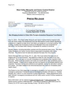 Page 1 of 1  West Valley Mosquito and Vector Control District 1295 East Locust St. Ontario CA[removed]Telephone[removed]Fax[removed]Website: www.wvmosquito.org