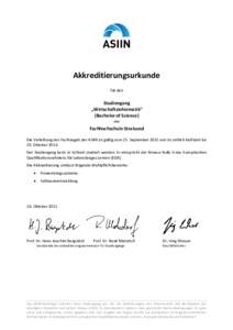 Akkreditierungsurkunde für den Studiengang „Wirtschaftsinformatik“ (Bachelor of Science)