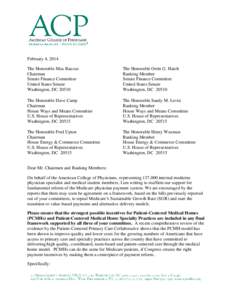 ACP letter to Medicare Committees regarding PCMH incentives in SGR-repeal legislation