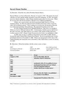 Barack Obama Timeline A. Directions: Read the story about President Barack Obama. Barack Obama was born in Honolulu, Hawaii, on August 4, 1961. His parents divorced when he was four, and his mother remarried a man from I