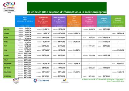 Calendrier 2016 réunion d’information à la création/reprise  JANVIER FEVRIER MARS AVRIL