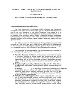 THEMATIC COMPILATION OF RELEVANT INFORMATION SUBMITTED BY CAMBODIA ARTICLE 5 UNCAC PREVENTIVE ANTI-CORRUPTION POLICIES AND PRACTICES  1-Awareness-Raising Policies and Practice: