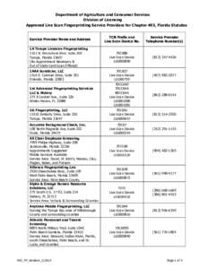 Department of Agriculture and Consumer Services Division of Licensing Approved Live Scan Fingerprinting Service Providers for Chapter 493, Florida Statutes TCN Prefix and Live Scan Device No.