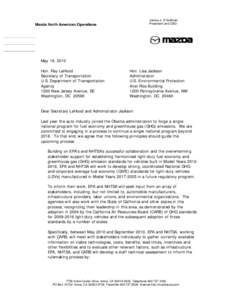 May 19, 2010, Commitment Letter in support of EPA and NHTSA setting greenhouse gas emissions and fuel economy standards for light-duty vehicles for MY 2017 and beyond: Mazda North American Operations