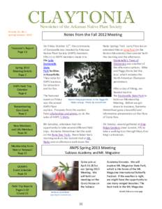 CLAYTONIA Newsletter of the Arkansas Native Plant Society Volume 32, No 1 Spring/Summer 2013