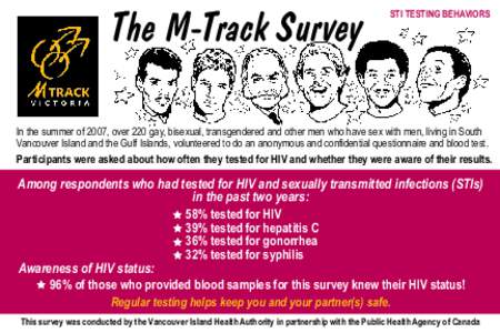 The M-Track Survey  STI TESTING BEHAVIORS In the summer of 2007, over 220 gay, bisexual, transgendered and other men who have sex with men, living in South Vancouver Island and the Gulf Islands, volunteered to do an anon