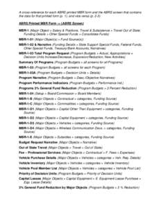 A cross-reference for each ABRS printed MBR form and the ABRS screen that contains the data for that printed form (p. 1), and vice versa (p[removed]ABRS Printed MBR Form -> (ABRS Screen) MBR-1 (Major Object > Salary & Posi