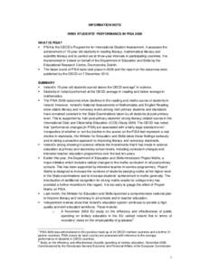 INFORMATION NOTE IRISH STUDENTS’ PERFORMANCE IN PISA 2009 WHAT IS PISA?  PISA is the OECD’s Programme for International Student Assessment. It assesses the achievement of 15-year-old students in reading literacy, ma