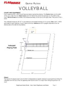 Game Rules  V OL LEYBA LL COURT AND EQUIPMENT Court measures 59’L x 29’6”W and features clearly marked boundaries. The Center Line runs the width of the court under the net. Attack Lines are 9’10” behind the ce