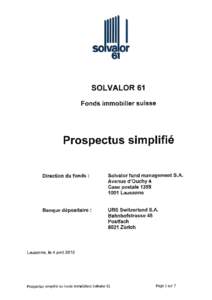 so vaor 61 SOLVALOR 61 Fonds immobilier suisse  Prospectus simplifie