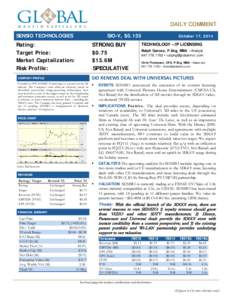 Equity Research  DAILY COMMENT SENSIO TECHNOLOGIES  SIO-V, $0.135