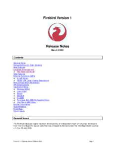 Firebird Version 1  Release Notes March 2002 Contents General Notes