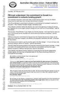 Media Release  Australian Education Union - Federal Office Ground Floor, 120 Clarendon Street, Southbank, Victoria, 3006 Phone : +[removed] Fax : +[removed] Email : [removed] Website : www.aeu