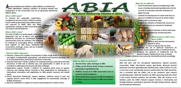 What else can ABIA do? gricultural Biodiversity Initiative in Africa (ABIA) is an initiative by FARA stakeholders, creating a platform, to promote research and development on the conservation and use of agricultural biod