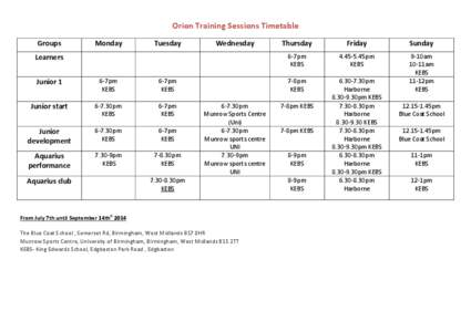 Orion Training Sessions Timetable Groups Monday  Tuesday