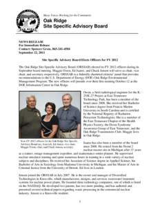 Many Voices Working for the Community  Oak Ridge Site Specific Advisory Board  NEWS RELEASE