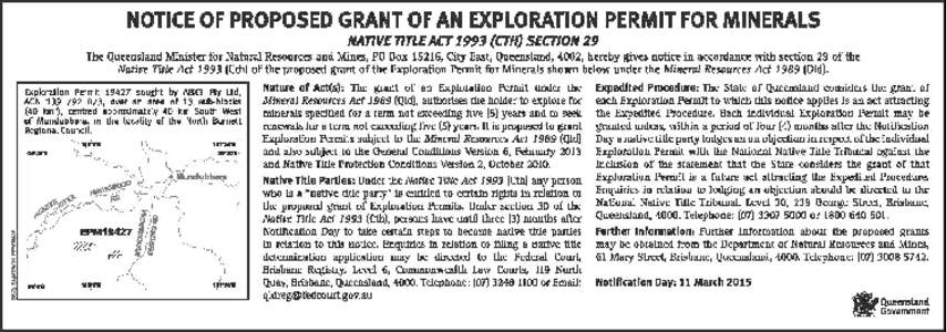 Notice of proposed grant of Exploration Permit for Minerals 19427, Native Title ActCth) Section 29