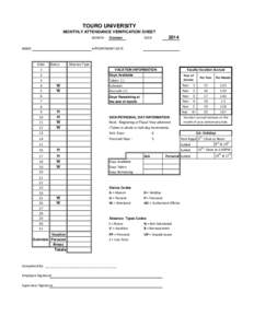 TOURO UNIVERSITY MONTHLY ATTENDANCE VERIFICATION SHEET MONTH NAME  October