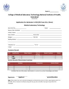 Form # ____________  College of Medical laboratory Technology,National Institute of Health, Islamabad ********