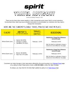 Current as of Sunday, February 01, 2015  There may be times when severe weather or other unexpected events impact Spirit’s normal operations. During these times, Spirit may issue a flexible travel policy to accommodate