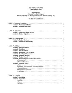 REVISED and PASSED 30 September 2002 Region Bylaws Central New York Region American Society for Photogrammetry and Remote Sensing, Inc. TABLE OF CONTENTS