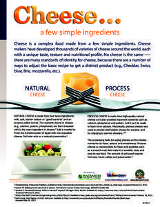 a few simple ingredients Cheese is a complex food made from a few simple ingredients. Cheese makers have developed thousands of varieties of cheese around the world, each with a unique taste, texture and nutritional prof