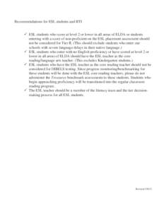 Recommendations for ESL students and RTI ESL students who score at level 2 or lower in all areas of ELDA or students entering with a score of non-proficient on the ESL placement assessment should not be considered for Ti