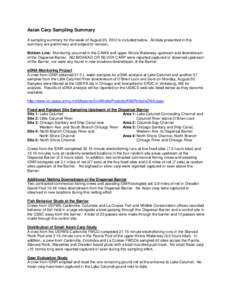 Asian Carp Sampling Summary A sampling summary for the week of August 20, 2012 is included below. All data presented in this summary are preliminary and subject to revision. Bottom Line: Monitoring occurred in the CAWS a