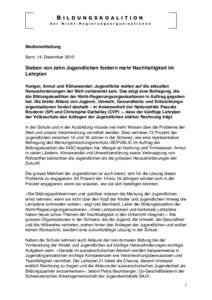      Medienmitteilung Bern, 14. Dezember 2010