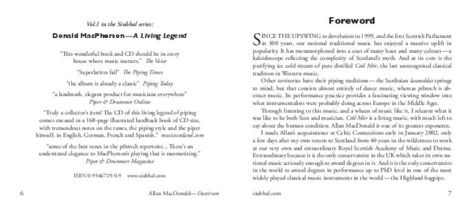 Foreword  Vol.1 in the Siubhal series: Donald MacPherson — A Living Legend “This wonderful book and CD should be in every
