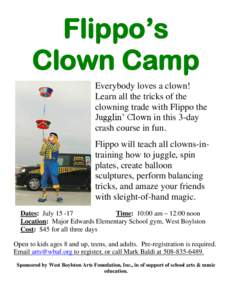 Flippo’s Clown Camp Everybody loves a clown! Learn all the tricks of the clowning trade with Flippo the Jugglin’ Clown in this 3-day