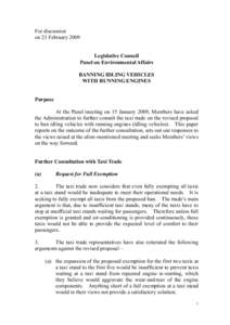 For discussion on 23 February 2009 Legislative Council Panel on Environmental Affairs BANNING IDLING VEHICLES WITH RUNNING ENGINES