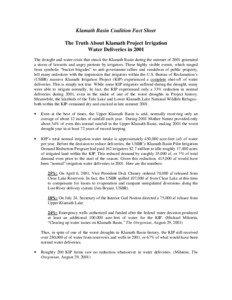 Klamath Basin Coalition Fact Sheet The Truth About Klamath Project Irrigation Water Deliveries in 2001