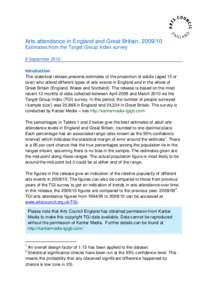 Arts attendance in England and Great Britain, [removed]Estimates from the Target Group Index survey 9 September 2010 Introduction This statistical release presents estimates of the proportion of adults (aged 15 or over) w