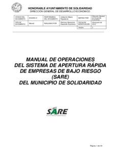 HONORABLE AYUNTAMIENTO DE SOLIDARIDAD DIRECCIÓN GENERAL DE DESARROLLO ECONÓMICO CÓDIGO DEL DOCUMENTO  M-SARE-01