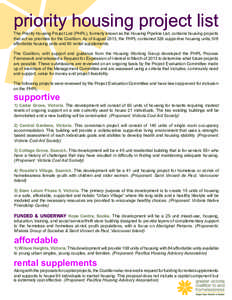 priority housing project list The Priority Housing Project List (PHPL), formerly known as the Housing Pipeline List, contains housing projects that act as priorities for the Coalition. As of August 2013, the PHPL contain