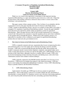 Biology / Pharmacology / Environmental issues / Clinical pharmacology / Food and Drug Administration / United States Public Health Service / Biotechnology / Genetically modified food / Monsanto / Health / Genetic engineering / Environment