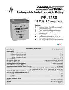 Rechargeable Sealed Lead-Acid Battery  PSVolt 5.0 Amp. Hrs. Features: