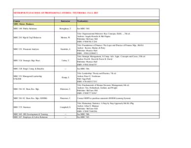 METROPOLITAN SCHOOL OF PROFESSIONAL STUDIES: TEXTBOOKS - FALLCourse MBU-Metro: Business MBU 160 Public Relations