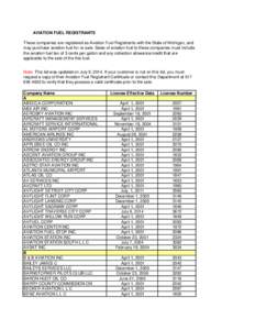 AVIATION FUEL REGISTRANTS These companies are registered as Aviation Fuel Registrants with the State of Michigan, and may purchase aviation fuel for re-sale. Sales of aviation fuel to these companies must include the avi