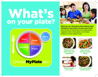 What’s on your plate? Before you eat, think about what and how much food goes on your plate or in your cup or bowl. Over the day, include foods from all food groups: vegetables, fruits, whole grains, low-fat dairy