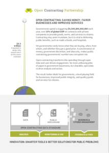 OPEN CONTRACTING: SAVING MONEY, FAIRER BUSINESSES AND IMPROVED SERVICES Governments spend a staggering $9,500,000,000,000 each year, over 15% of global GDP on contracts with private companies to provide goods, works, and